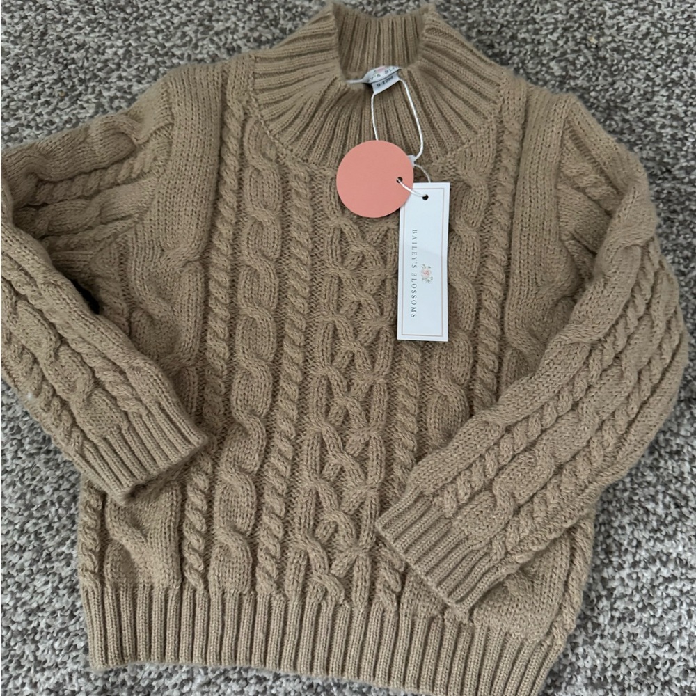 Baileys Blossoms Tan Cable Knit Sweater 12-18M